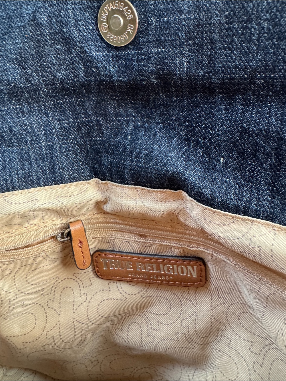 True Religion Blue Denim Crossbody Bag with Tan Handle - Picture 6 of 6